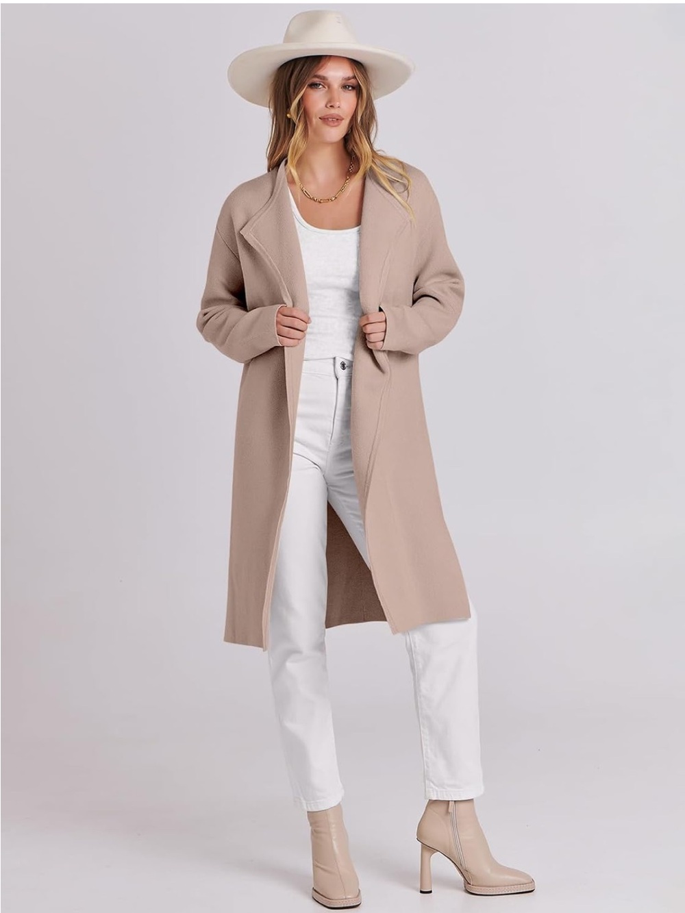 Amazon Beige Long Open-Front Coat